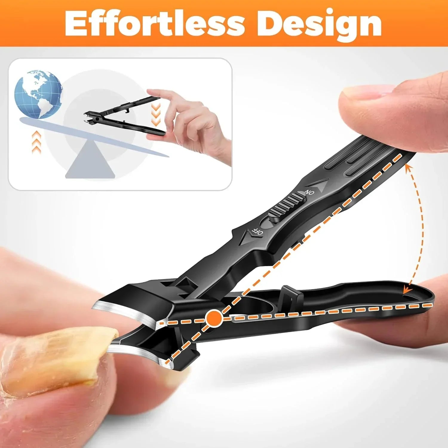 Ergonomic black nail clippers trimming a fingernail, showing effortless design feature.