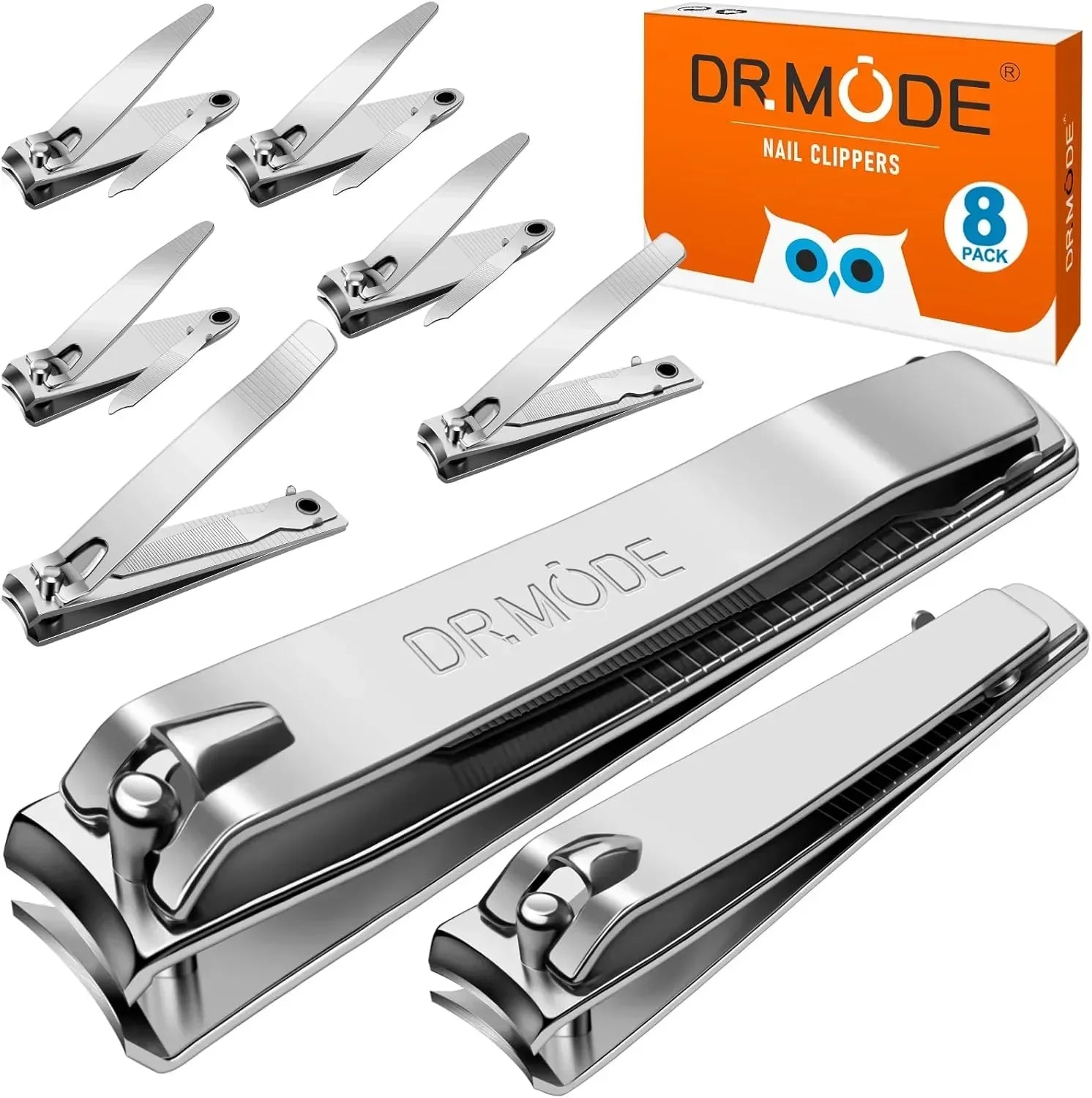 Stainless steel nail clippers set, 8-pack, with orange box packaging, precision grooming tools.