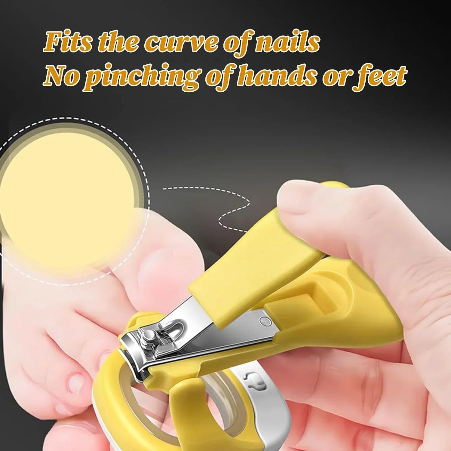 Yellow nail clippers trimming a child's fingernail, ergonomic handle, close-up view