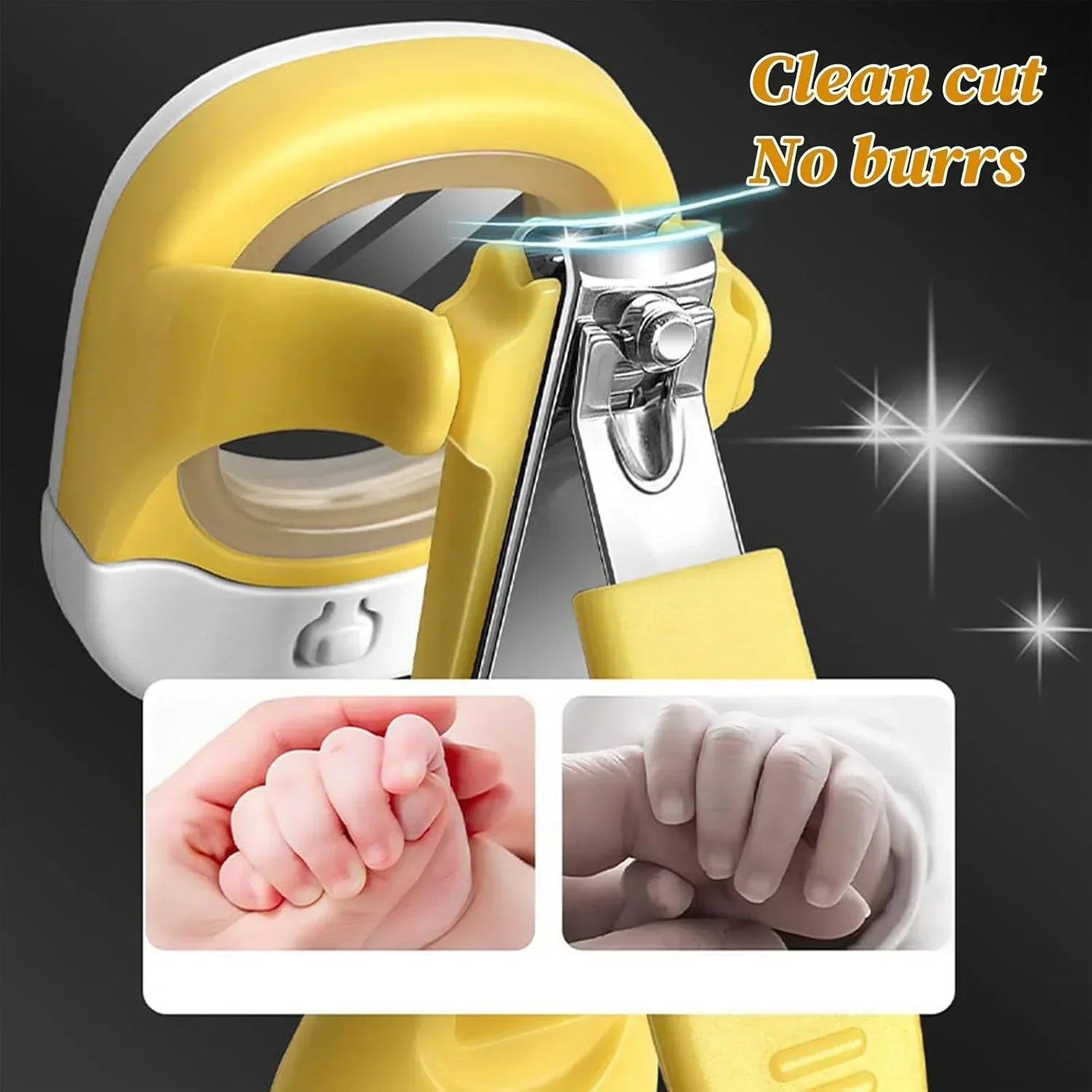 Yellow baby nail clippers with magnifier, ergonomic design, clean cut, safe for infants.