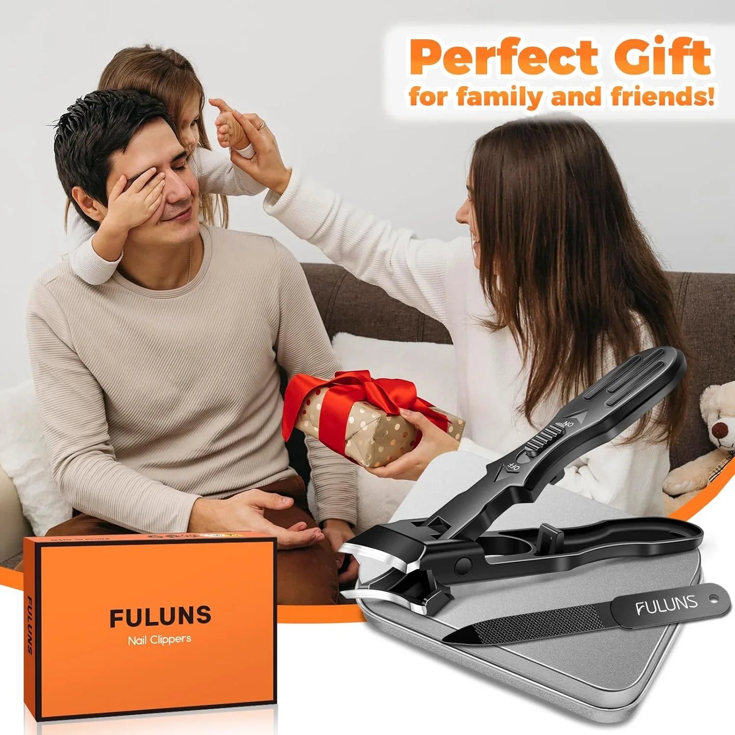 Family gifting nail clippers set with file, orange box, and gift wrap, perfect for home grooming.