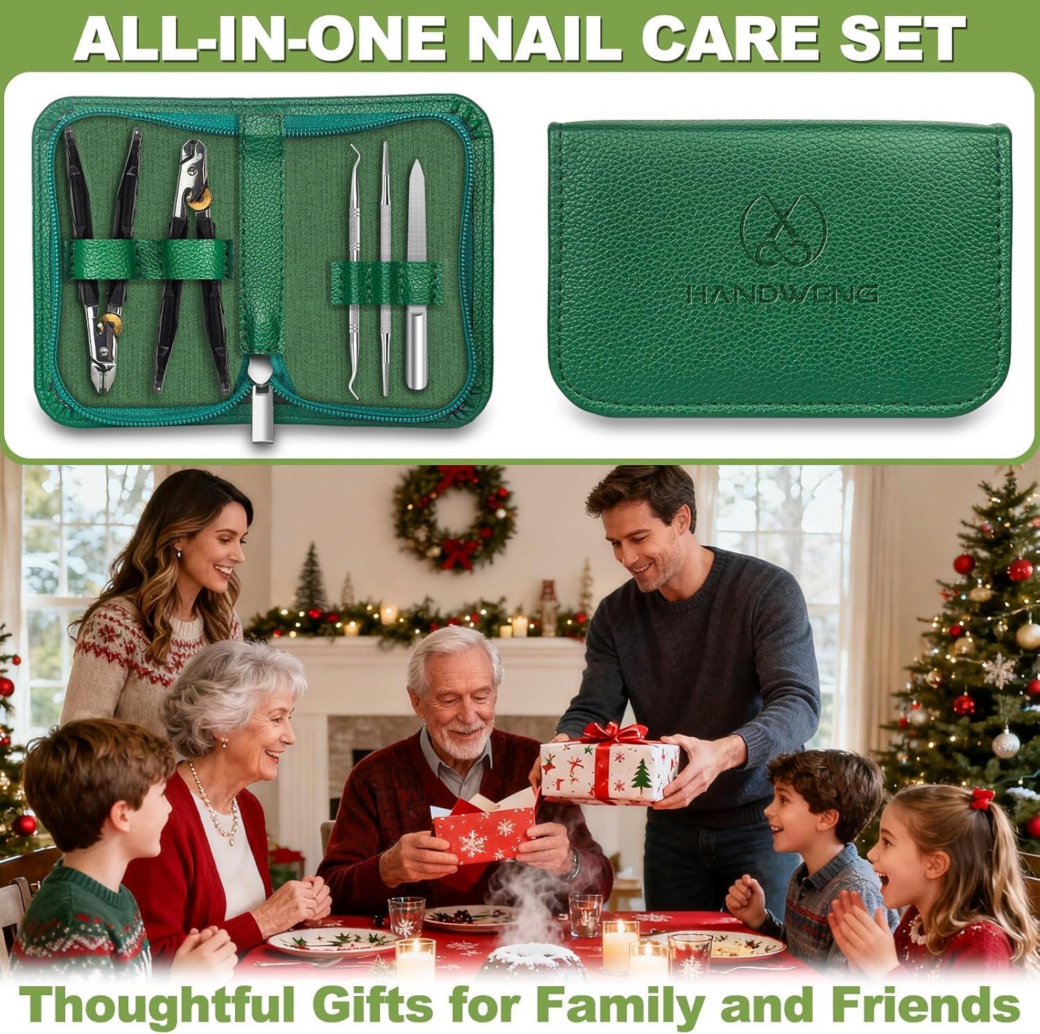 All-in-one nail care set in green case with clippers, file, tweezers, and tools, shown as a holiday gift for family.