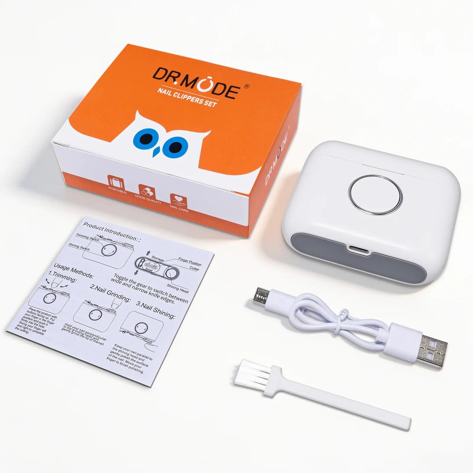 DRMODE electric nail clipper set with charging cable, cleaning brush and user manual