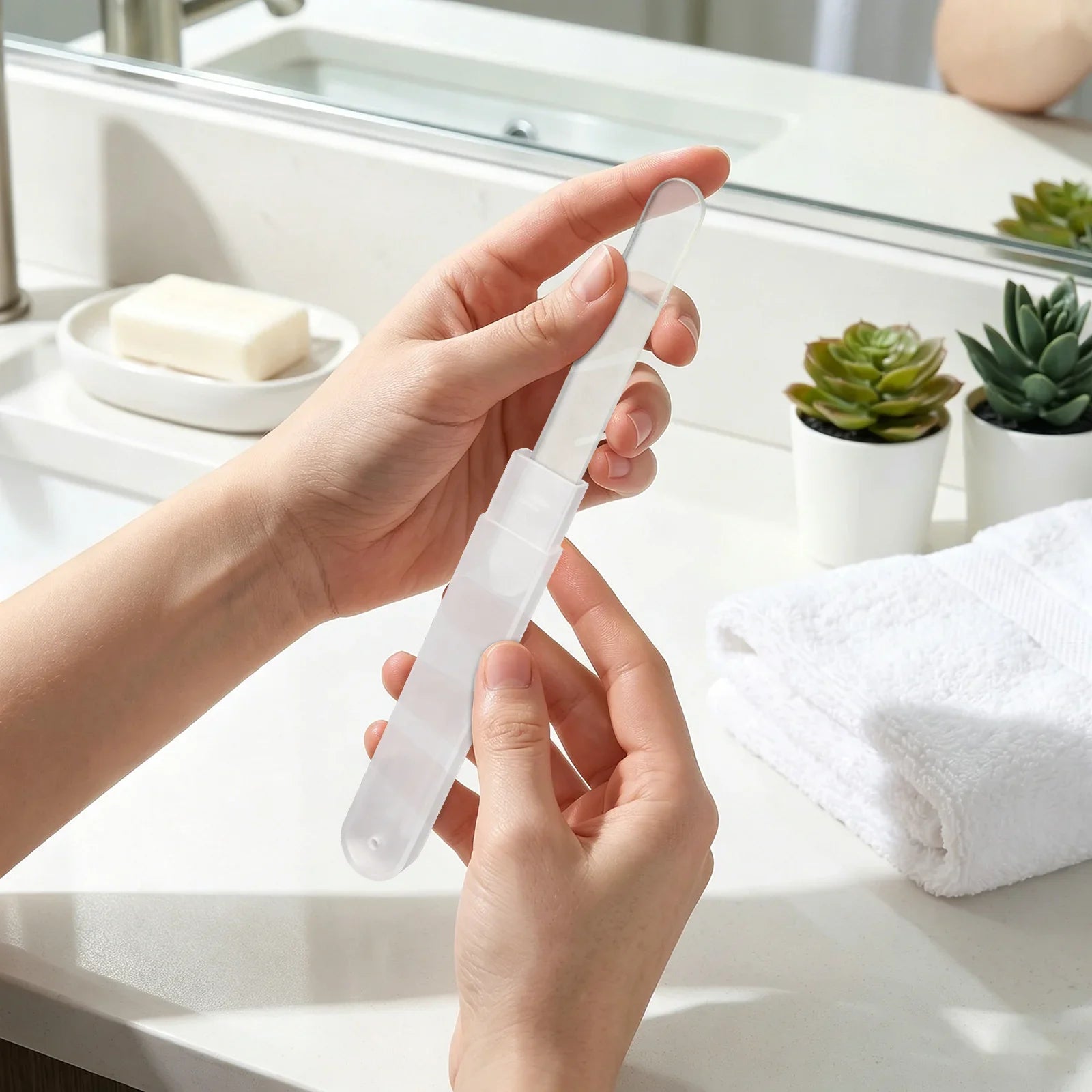 Woman holding reusable durable glass nail file in bathroom, long-lasting crystal nail shaping tool for daily at-home manicure routine