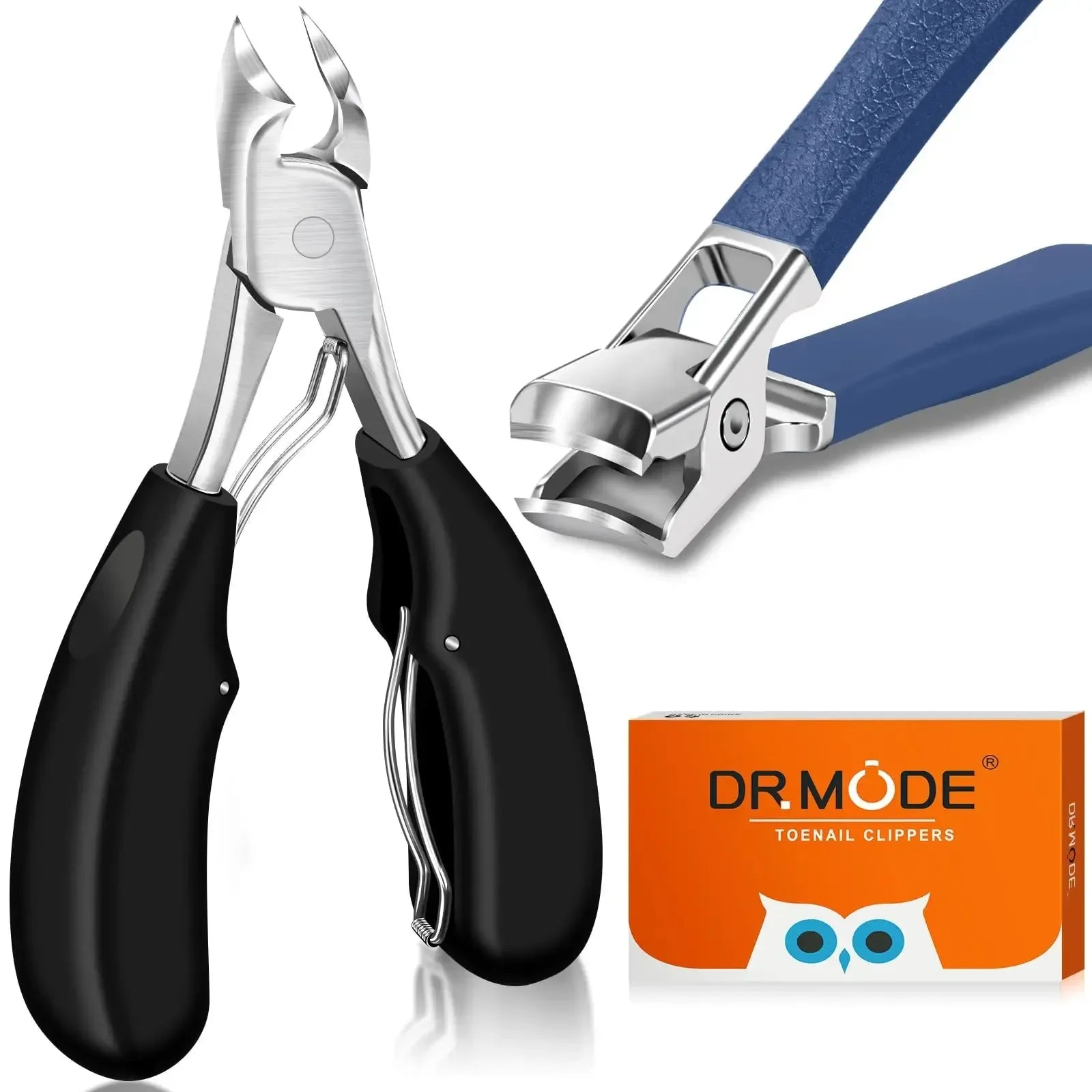 Wide jaw toenail clippers with ergonomic handles for thick nails, plus product box