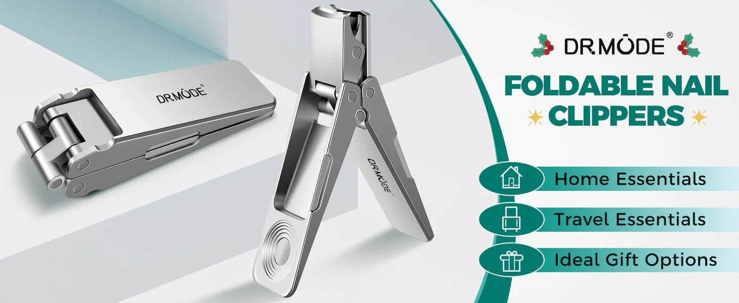 Foldable stainless steel nail clippers for grooming, shown closed and open, with text overlay.