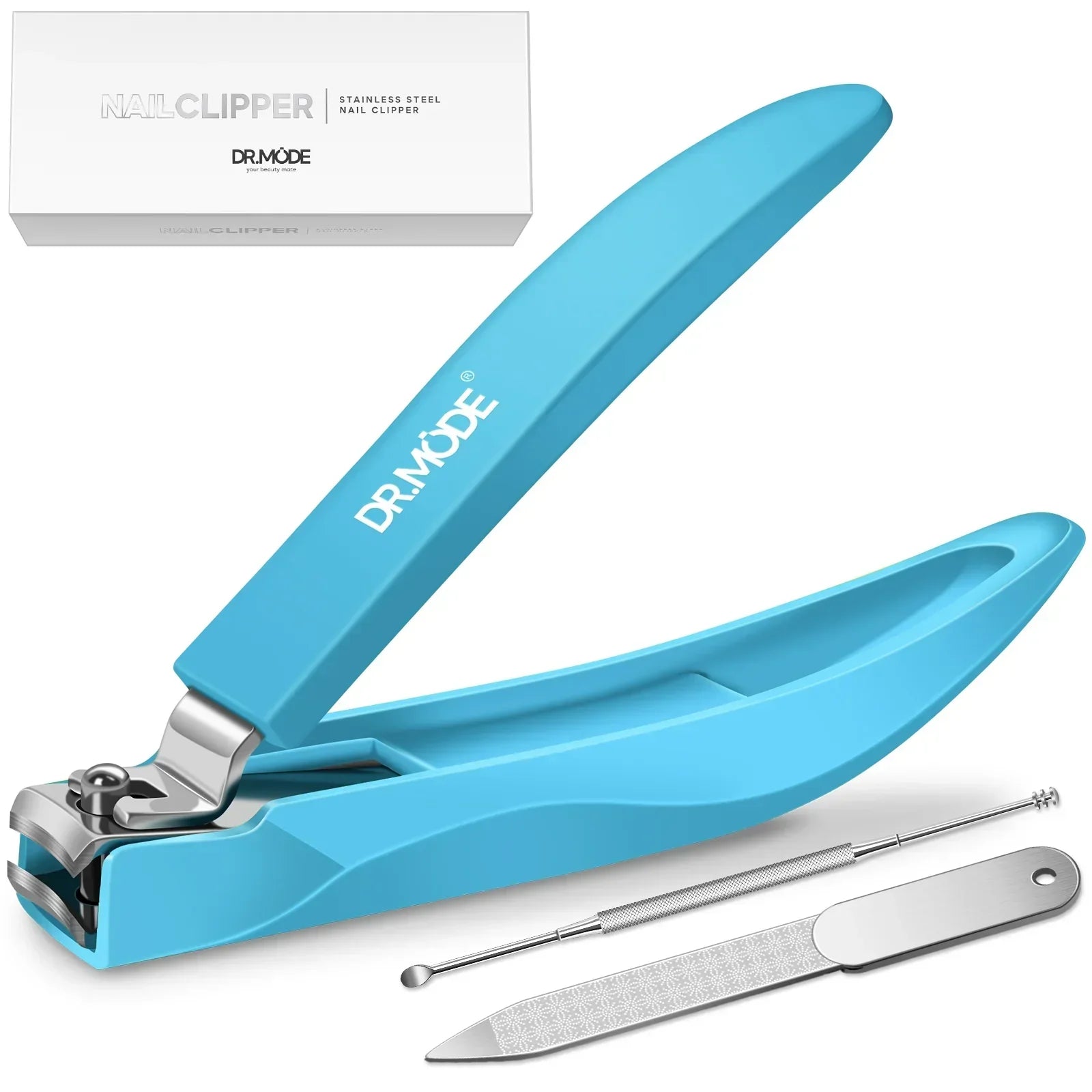 Blue nail clipper set with nail file and cuticle tool, stainless steel, on white background