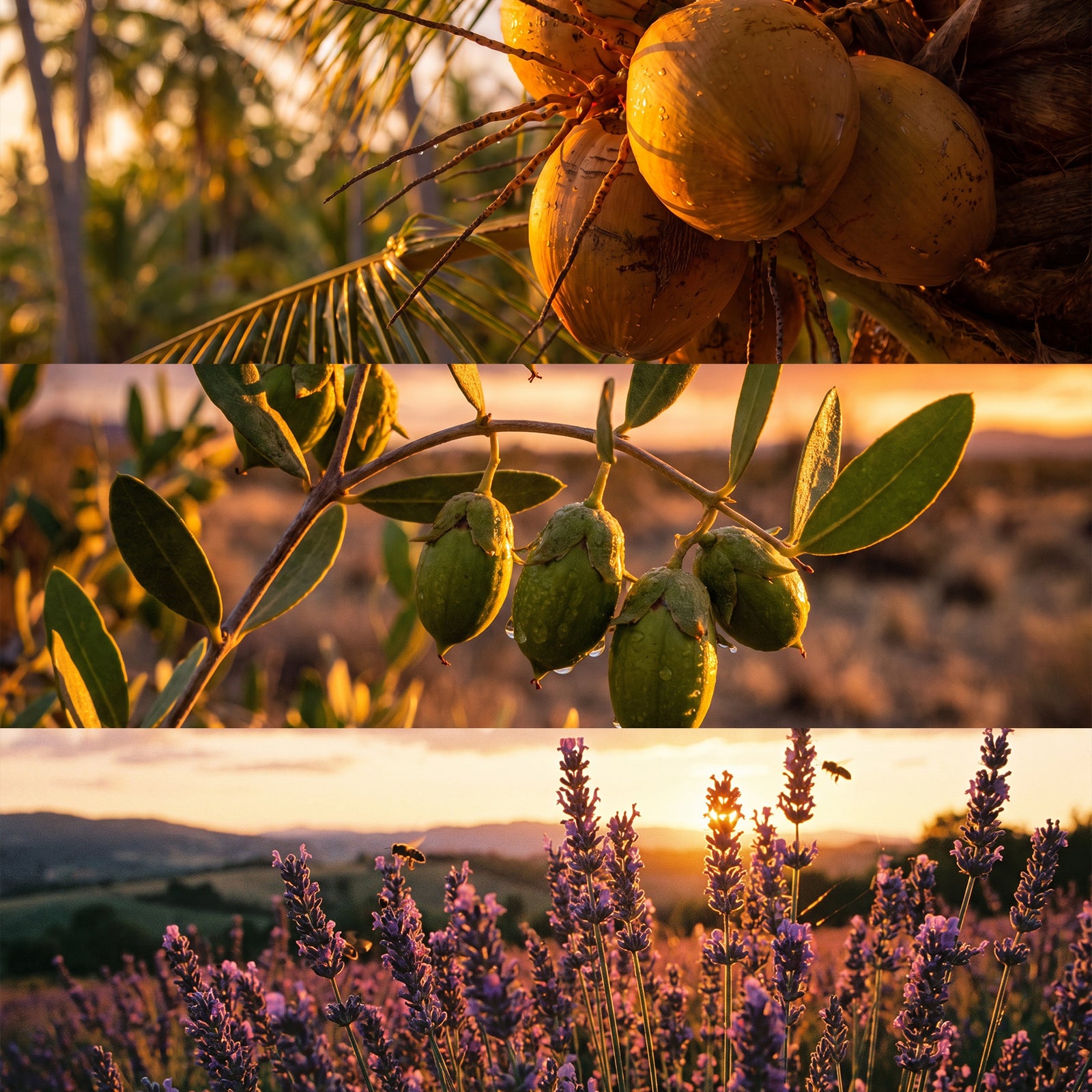 Natural ingredients collage featuring coconut palm, jojoba fruit and lavender field for cuticle oil pen formula
