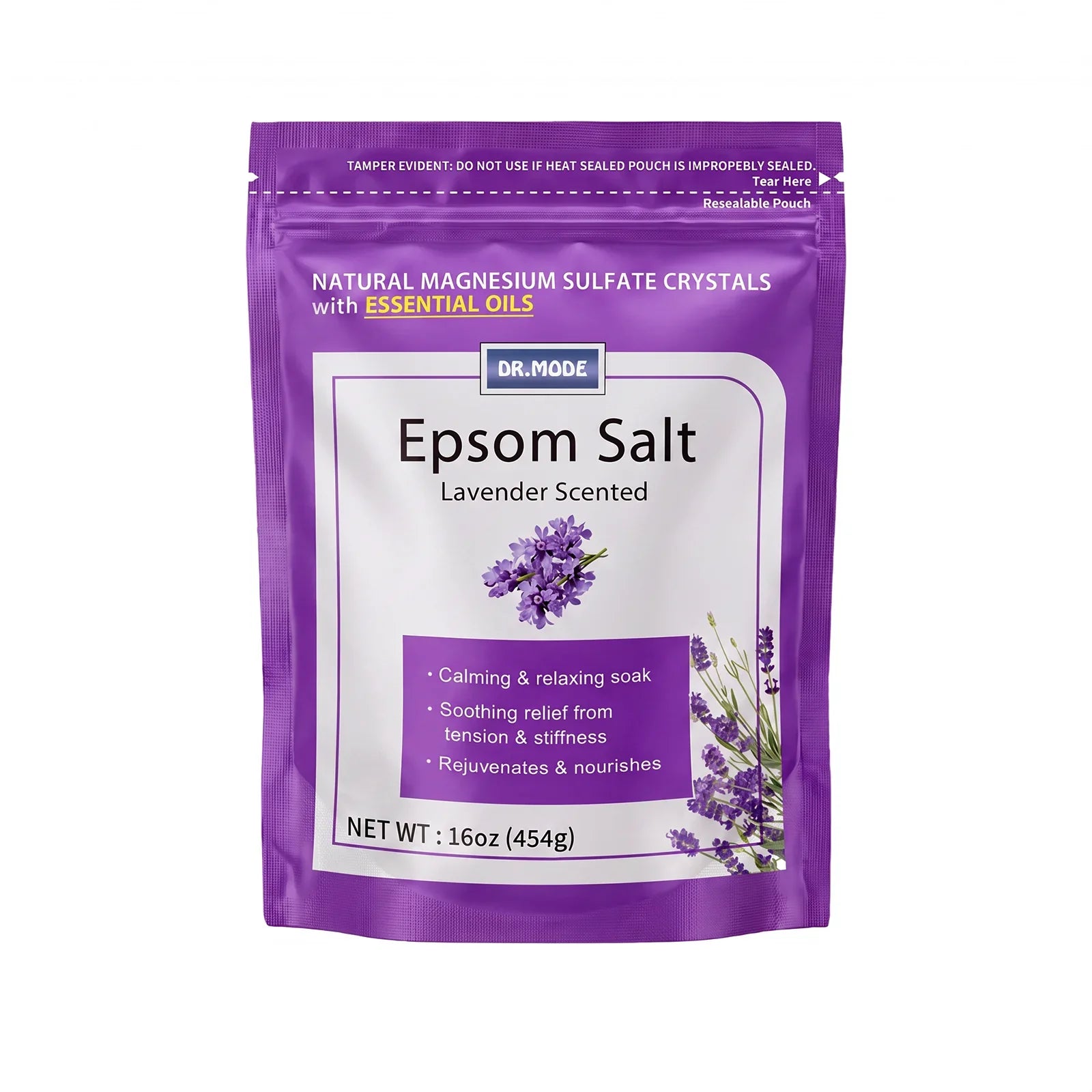 DRMODE Lavender Epsom Salt 16oz resealable stand-up pouch on a clean white background, featuring a calming lavender scent for soothing foot soak.