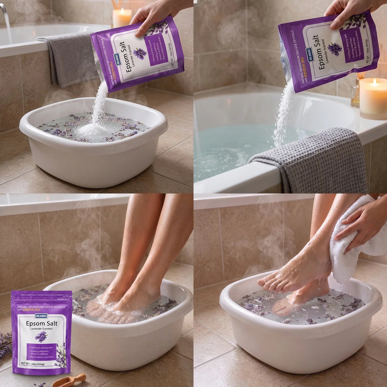 Four-panel view of a woman pouring DRMODE Epsom Salt into a wooden bowl and soaking her feet in a steamy tub with lavender, easing ingrown toenail discomfort.