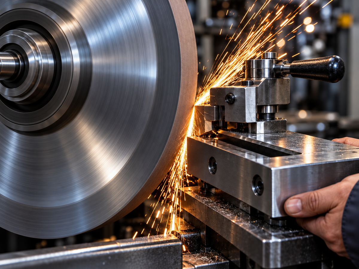 Metal grinding wheel shaping a metal part with sparks in an industrial workshop