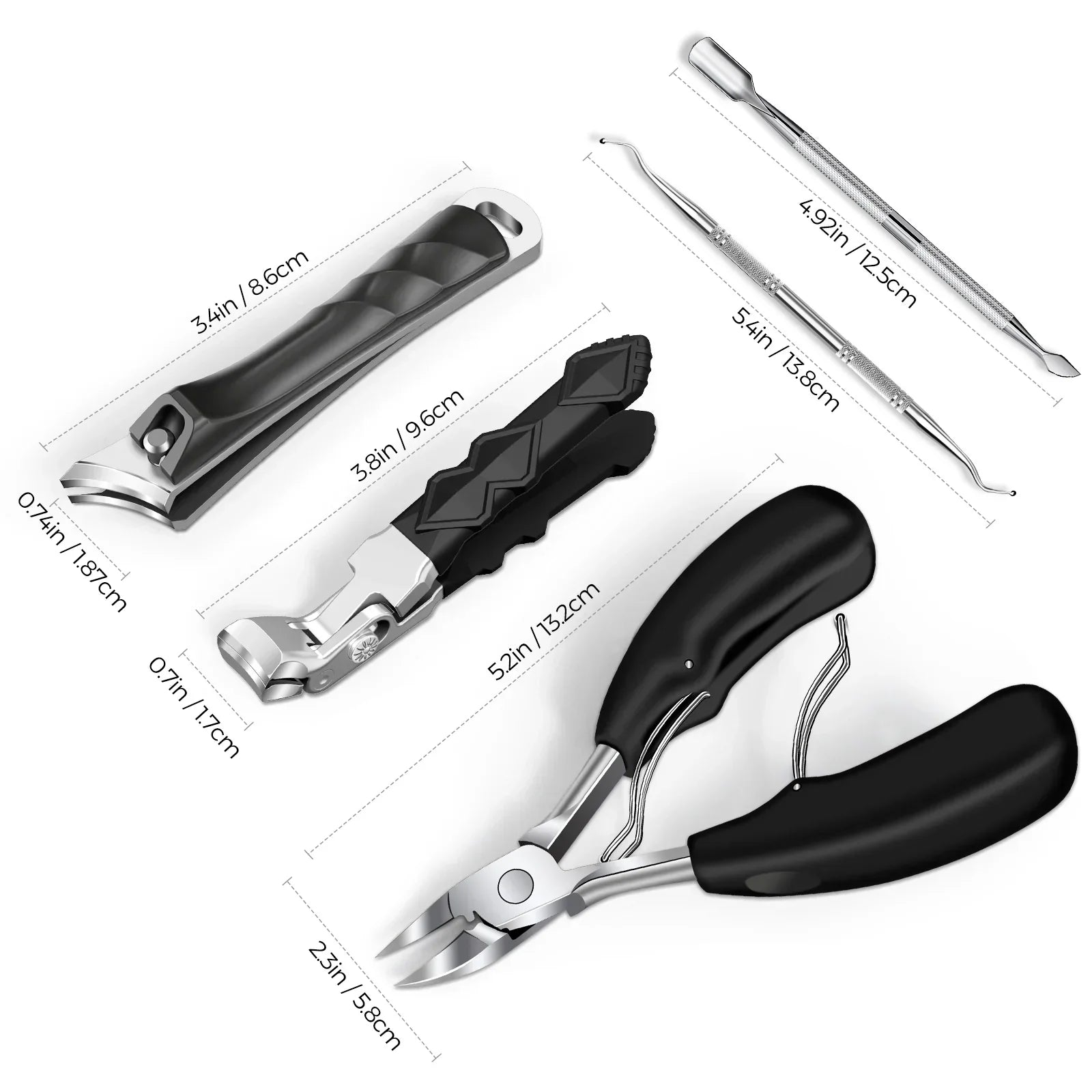 Thick toenail clippers set with ergonomic handles and stainless steel nail care tools on white background.