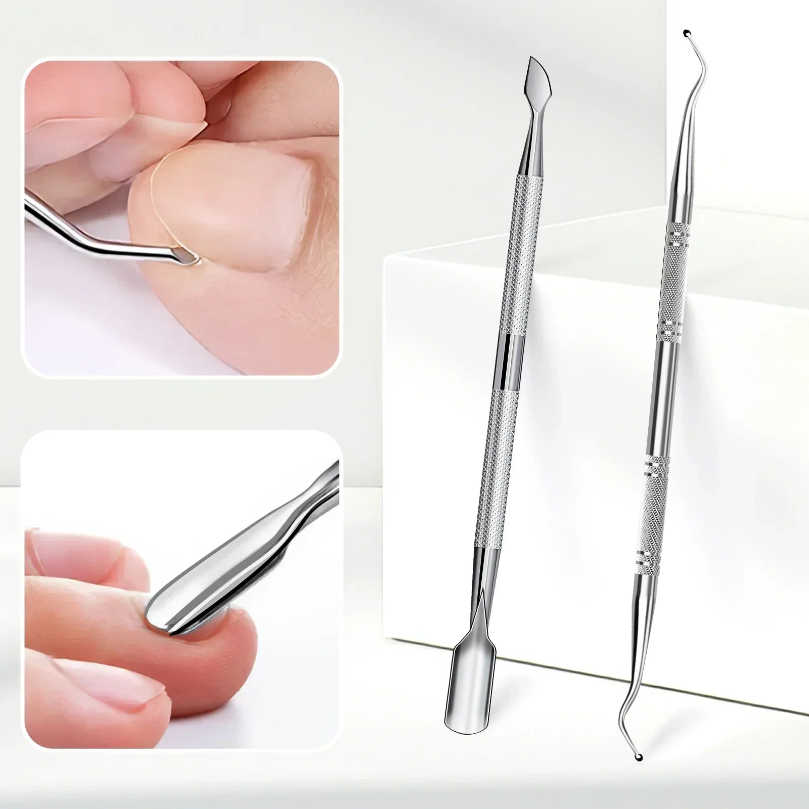 Stainless steel toenail tools for elderly, cuticle pusher and nail cleaner on white background