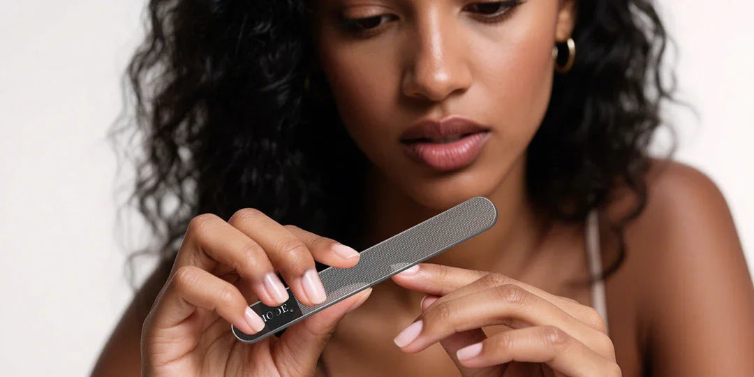 Woman filing nails with a metal nail file, close-up grooming routine