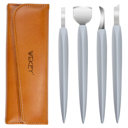 Four silver nail grooming tools with a brown leather case, set for manicure care.
