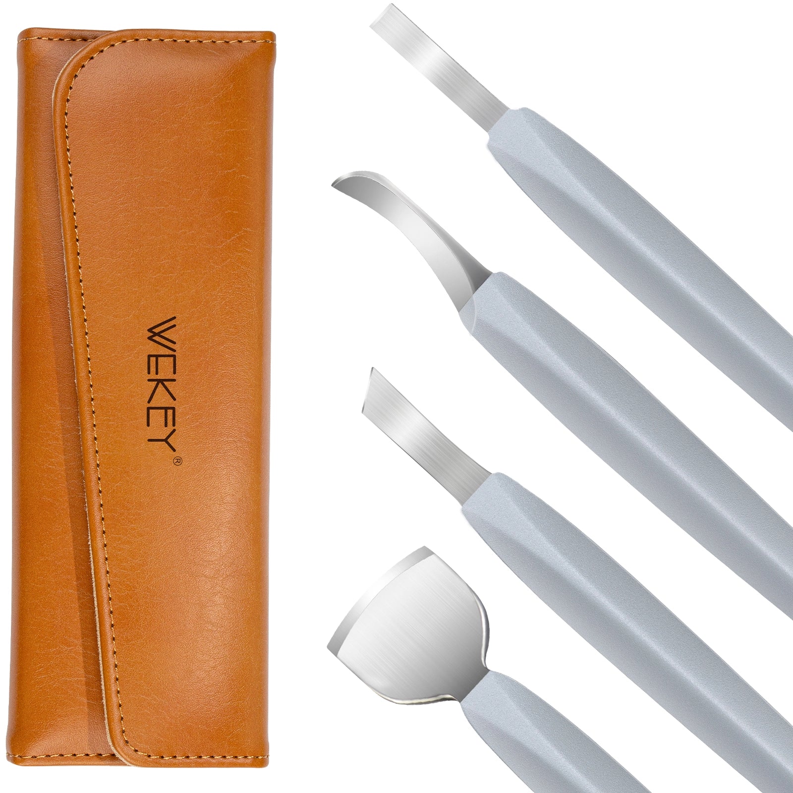 Silver nail care tools set with brown carrying case, close-up on different tool tips