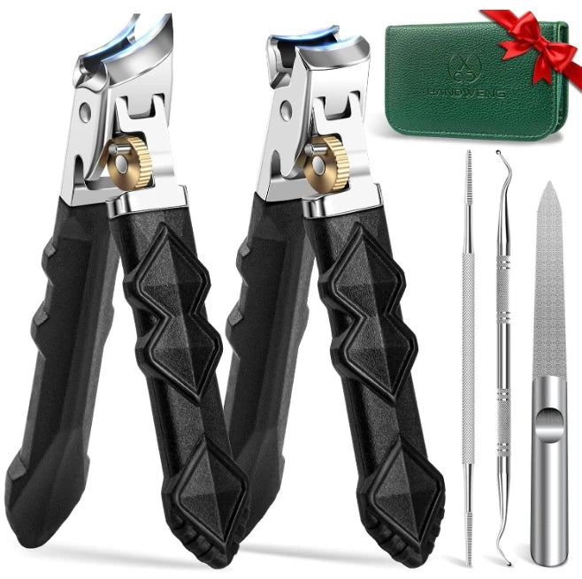 Premium toenail clippers for thick toenails in a complete 5-piece professional grooming kit, featuring a wide jaw curved blade, ergonomic handles, stainless steel construction, and a green storage case — the ideal heavy duty solution for thick, hard, or ingrown nails at home.