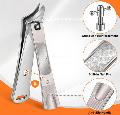 A premium product shot of the FULUNS German nail clippers from the DRMODE 6-piece set, highlighting three engineering features
