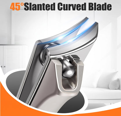 A cinematic close-up of the 45° slanted curved blade of the DRMODE NF-FLS-110 premium German nail clippers, precision-ground from surgical-grade stainless steel and laser-honed for a single-pass cut.