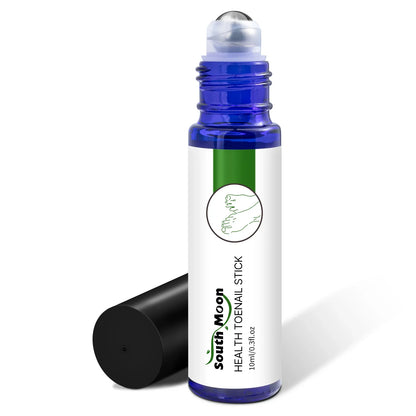 Blue roll-on bottle labeled Health Toenail Stick for nail care, with black cap removed.