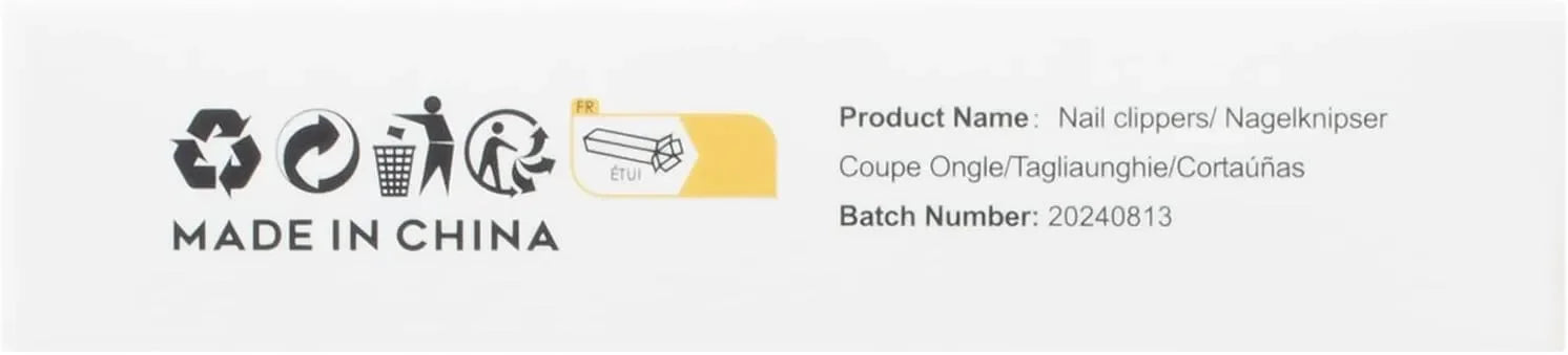 Nail clippers packaging label with product details, recycling symbols, and Made in China text