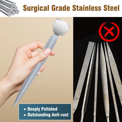 Hand holding surgical grade stainless steel nail tool, deeply polished, anti-rust features shown.