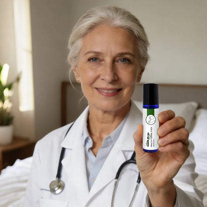 Smiling doctor in white coat holding a blue roll-on wellness product in a bright room
