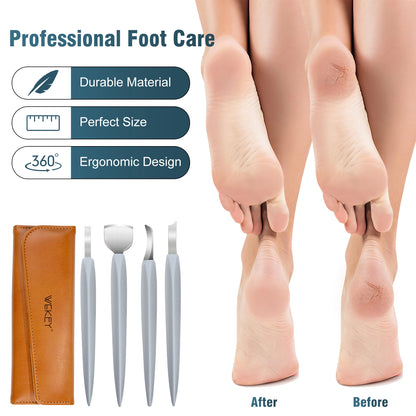 Professional foot care tools set with before and after cracked heel treatment results