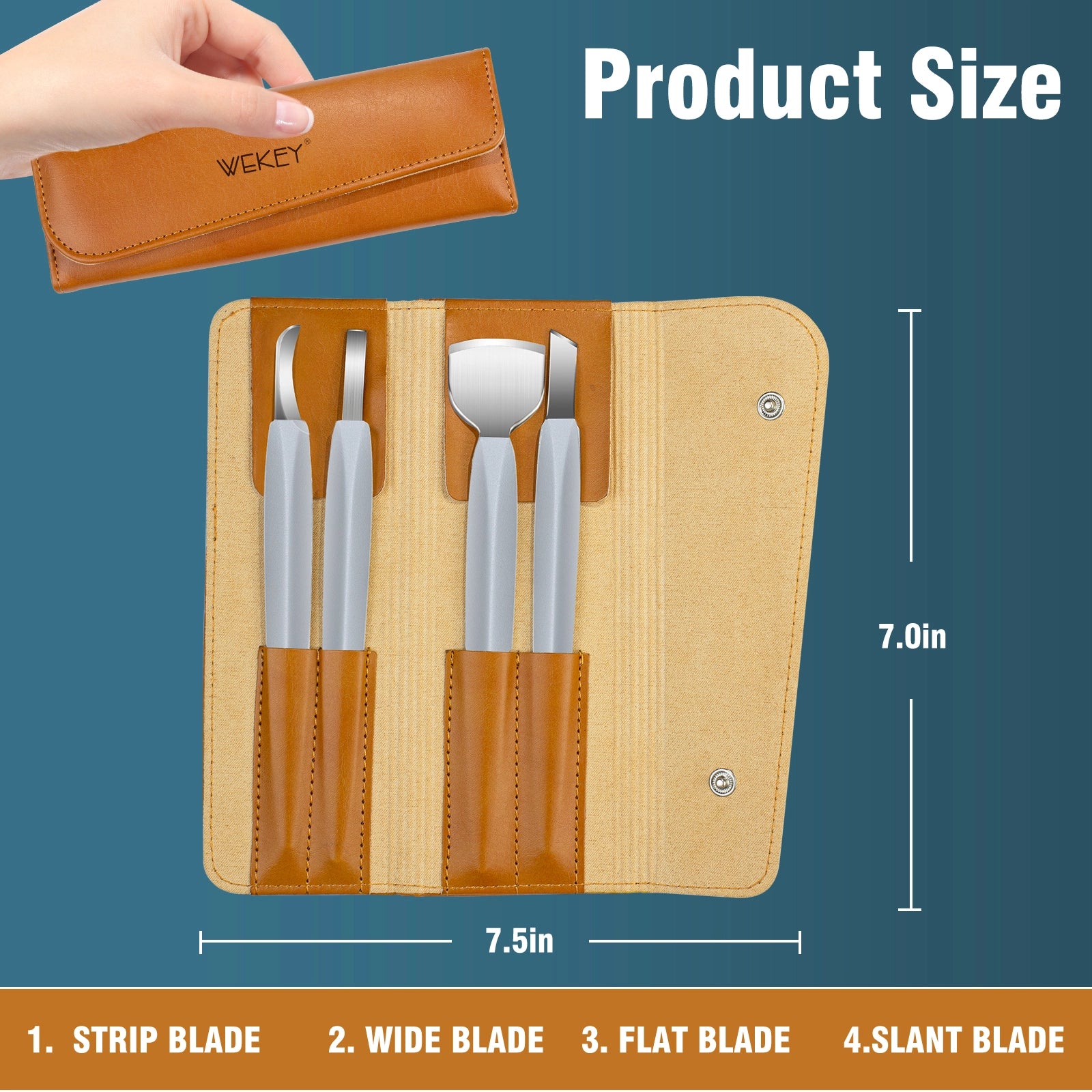 Four-piece nail care tool set with strip, wide, flat, and slant blades in a brown case
