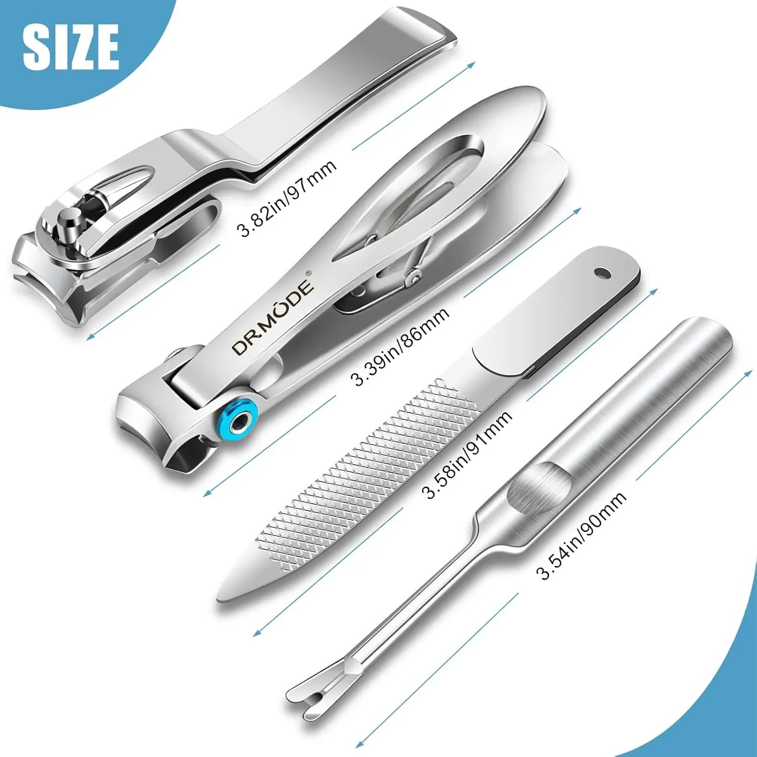 Stainless steel nail clippers set with file, cuticle pusher, and size measurements displayed.