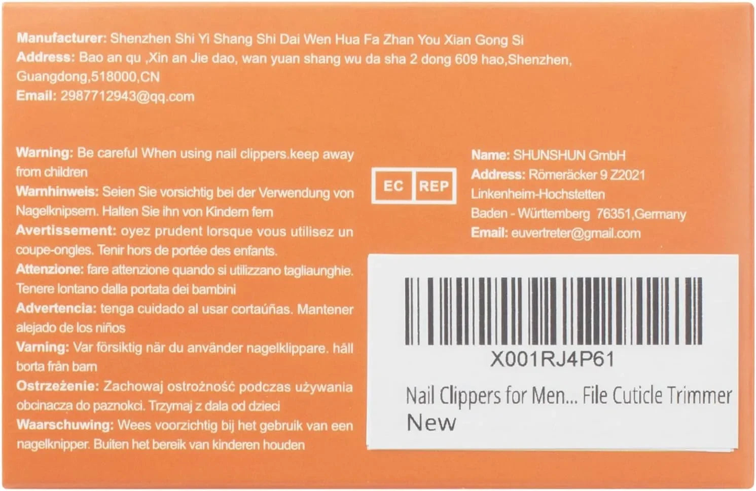 Orange nail clippers packaging with multilingual safety warnings, barcode, and product details.