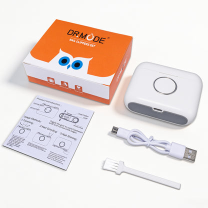 DRMODE electric nail clipper set with charging cable, cleaning brush and user manual