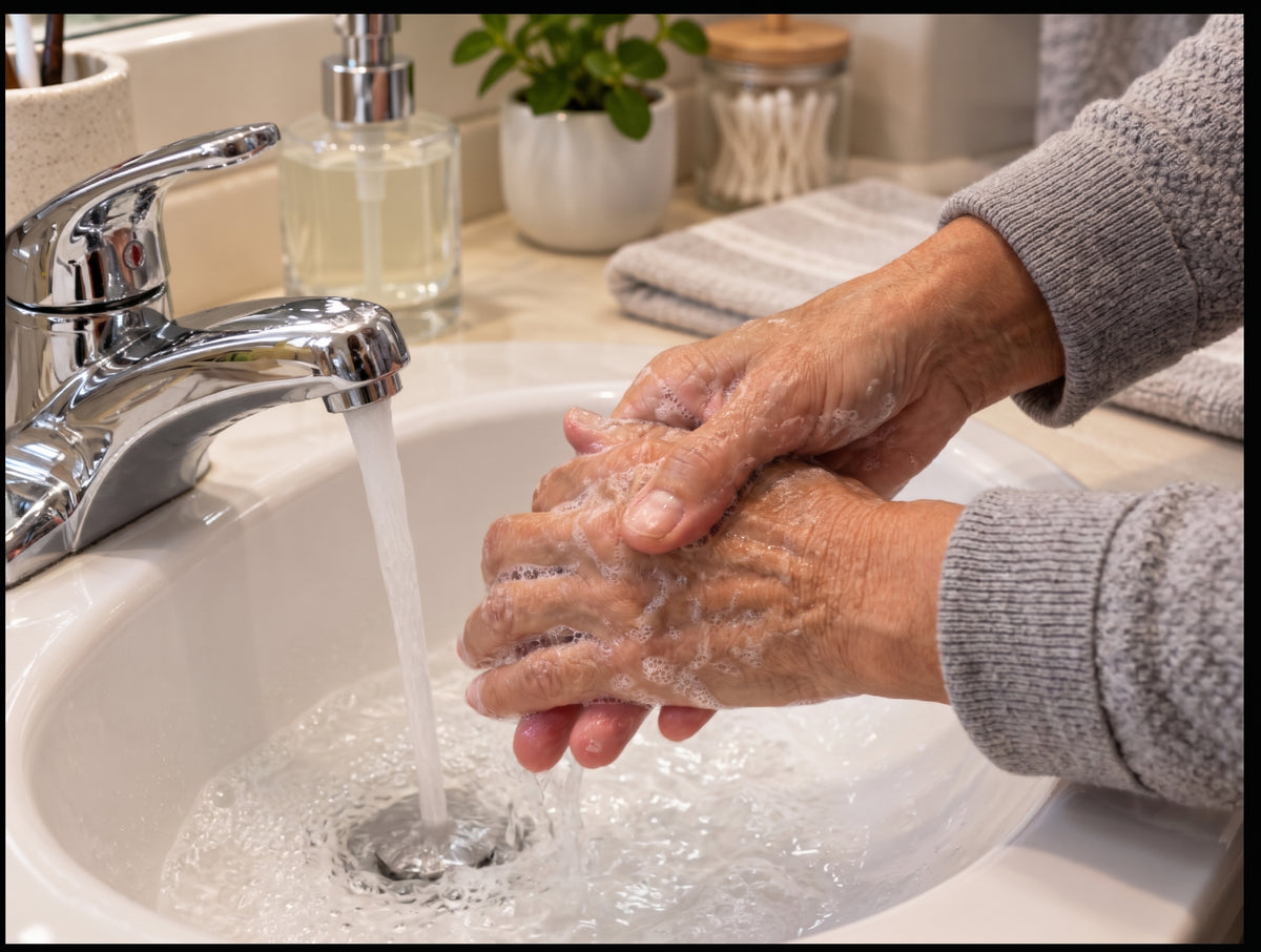 Hands washing with soap and water at a bathroom sink