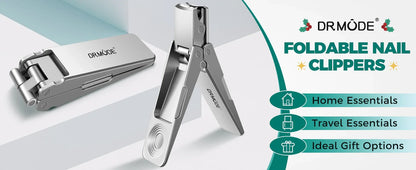 Foldable stainless steel nail clippers for grooming, shown closed and open, with text overlay.