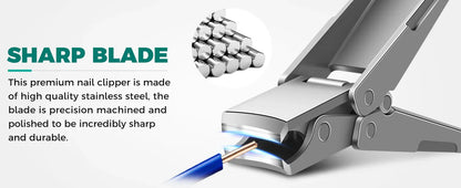 Close-up of stainless steel nail clipper with sharp blade cutting a wire, highlighting precision.