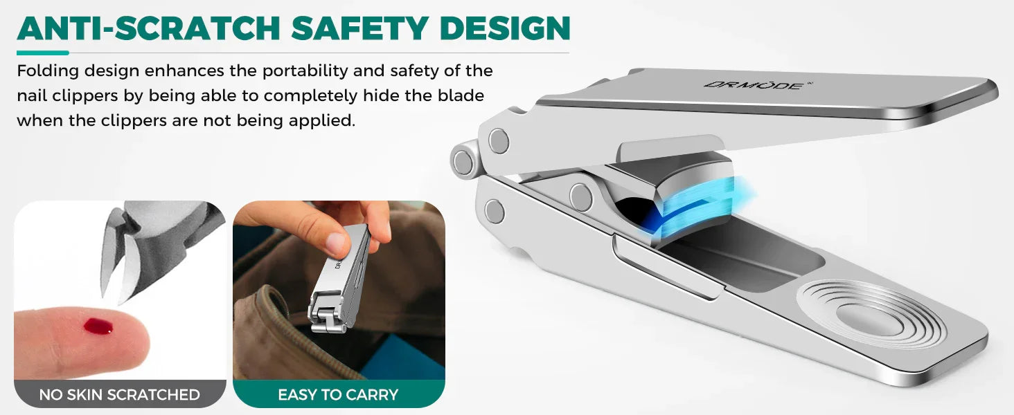Folding nail clippers with anti-scratch safety design and hidden blade, portable and easy to carry.