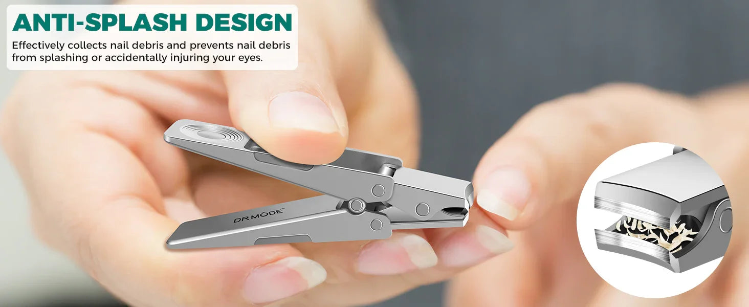 Anti-splash nail clippers with debris catcher held in hand, close-up view