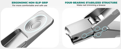 Close-up of nail clippers featuring ergonomic non-slip grip and four-bearing stabilized structure