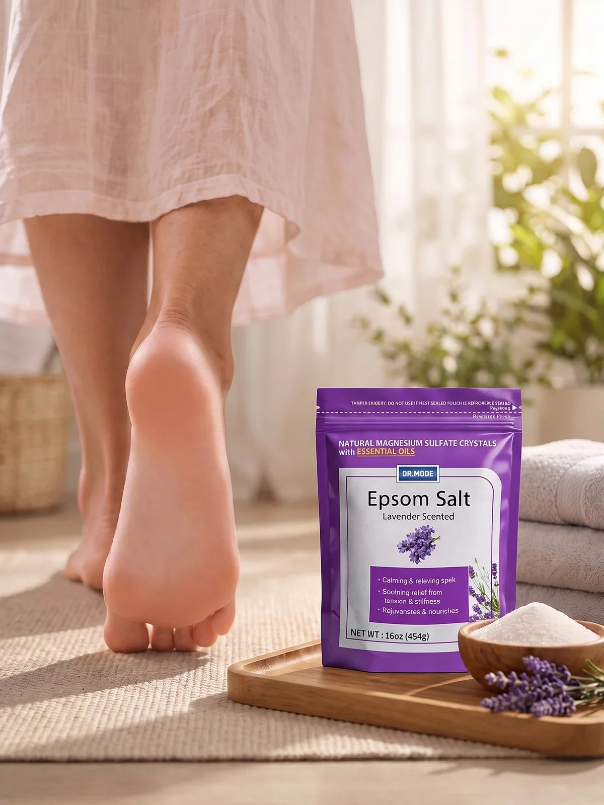 A woman's bare feet rest beside a DRMODE Lavender Epsom Salt pouch and a wooden bowl of crystals, ready for a gentle foot soak at home.