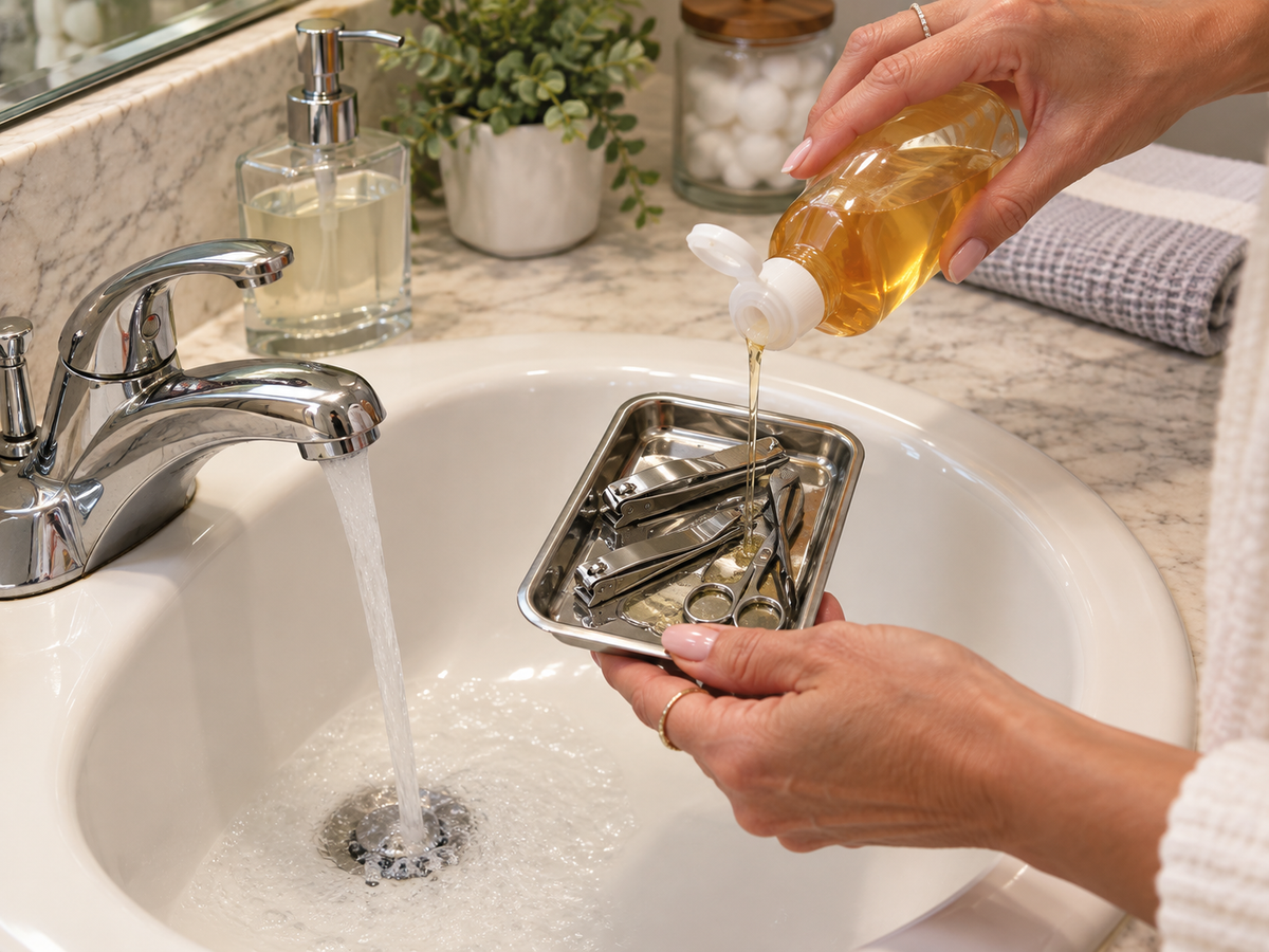 Liquid being poured onto nail clippers and manicure tools in a metal tray