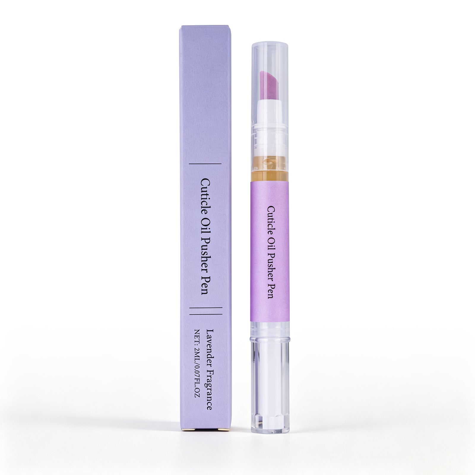 Cuticle oil pen with lavender packaging displayed alongside its elegant purple box on clean white background