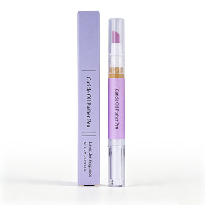 Cuticle oil pen with lavender packaging displayed alongside its elegant purple box on clean white background