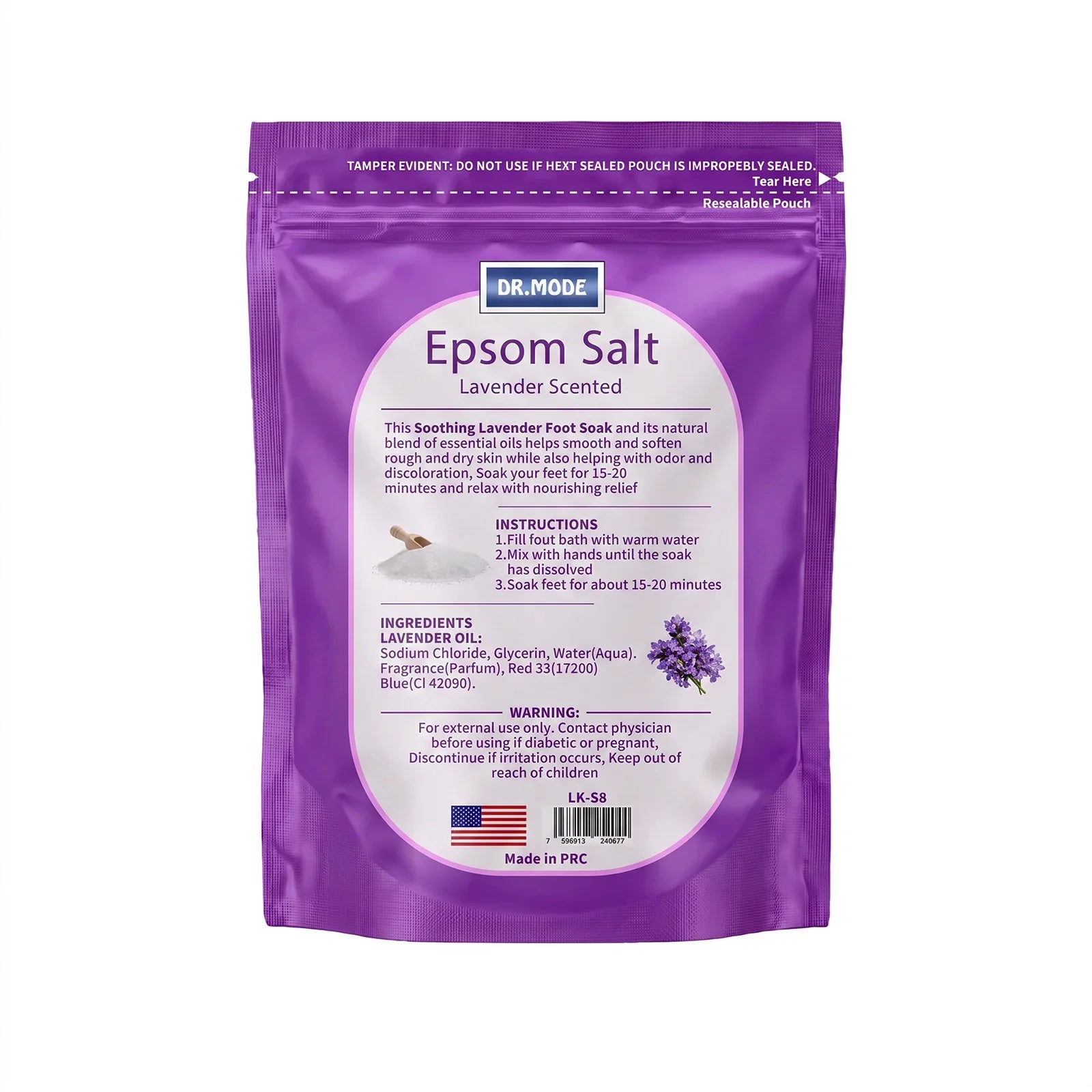 Back of DRMODE Epsom Salt pouch showing usage instructions, lavender oil ingredients, safety warnings, and the 15-20 minute foot soak recipe.