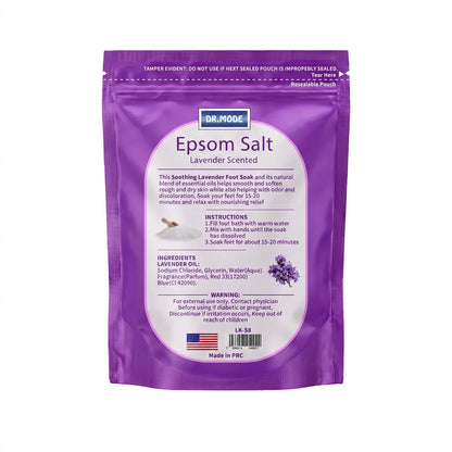 Back of DRMODE Epsom Salt pouch showing usage instructions, lavender oil ingredients, safety warnings, and the 15-20 minute foot soak recipe.
