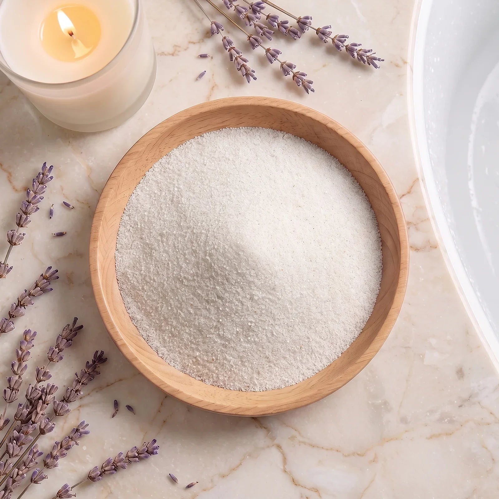 Top-down view of pure white Epsom Salt crystals in a wooden bowl, surrounded by fresh lavender sprigs and a lit candle on marble.
