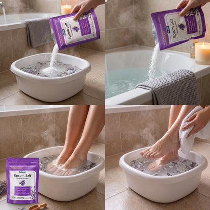 Four-panel view of a woman pouring DRMODE Epsom Salt into a wooden bowl and soaking her feet in a steamy tub with lavender, easing ingrown toenail discomfort.