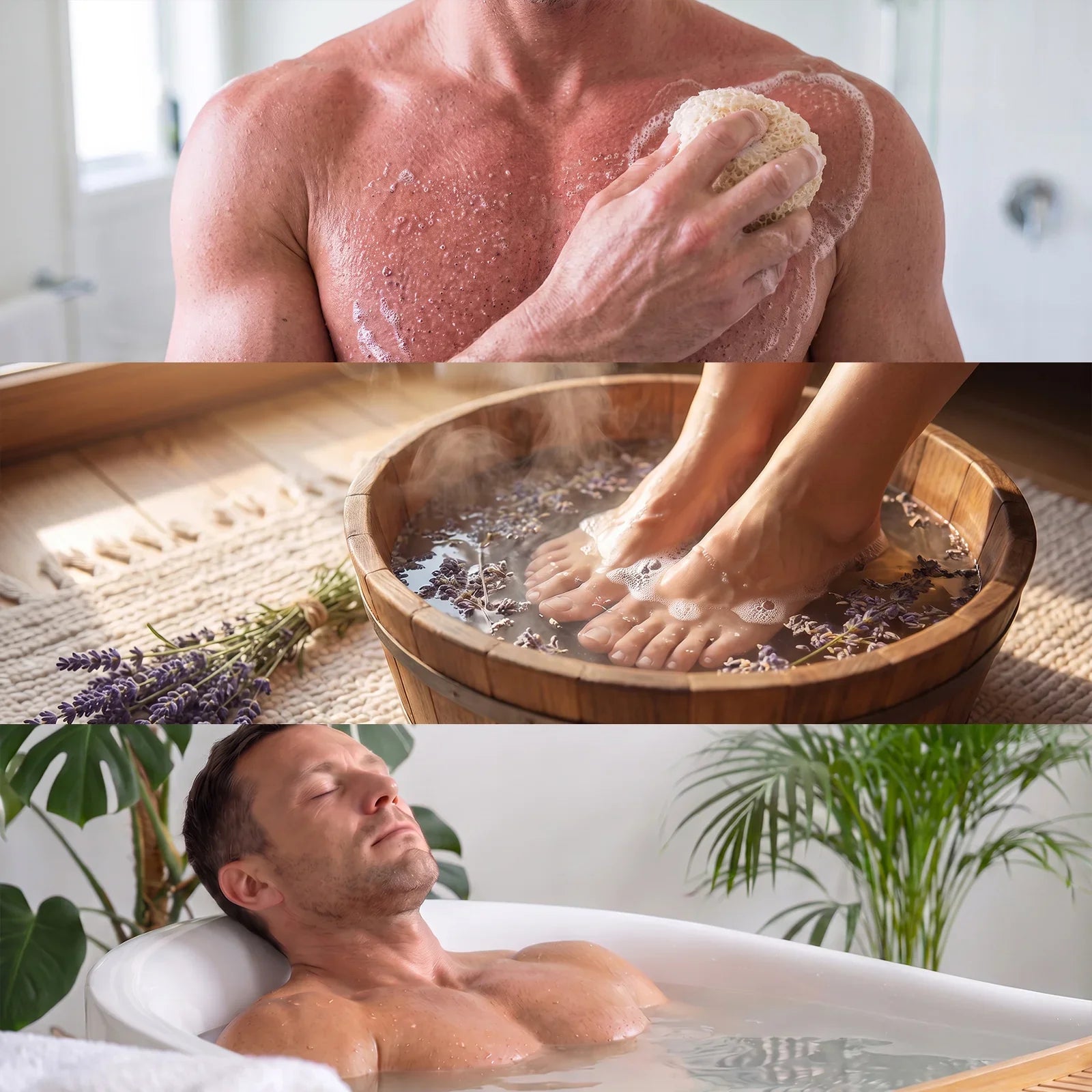 Three-panel view of a shower, a warm foot soak in a wooden tub with lavender, and a man relaxing in a deep bath — the complete soothing self-care routine.