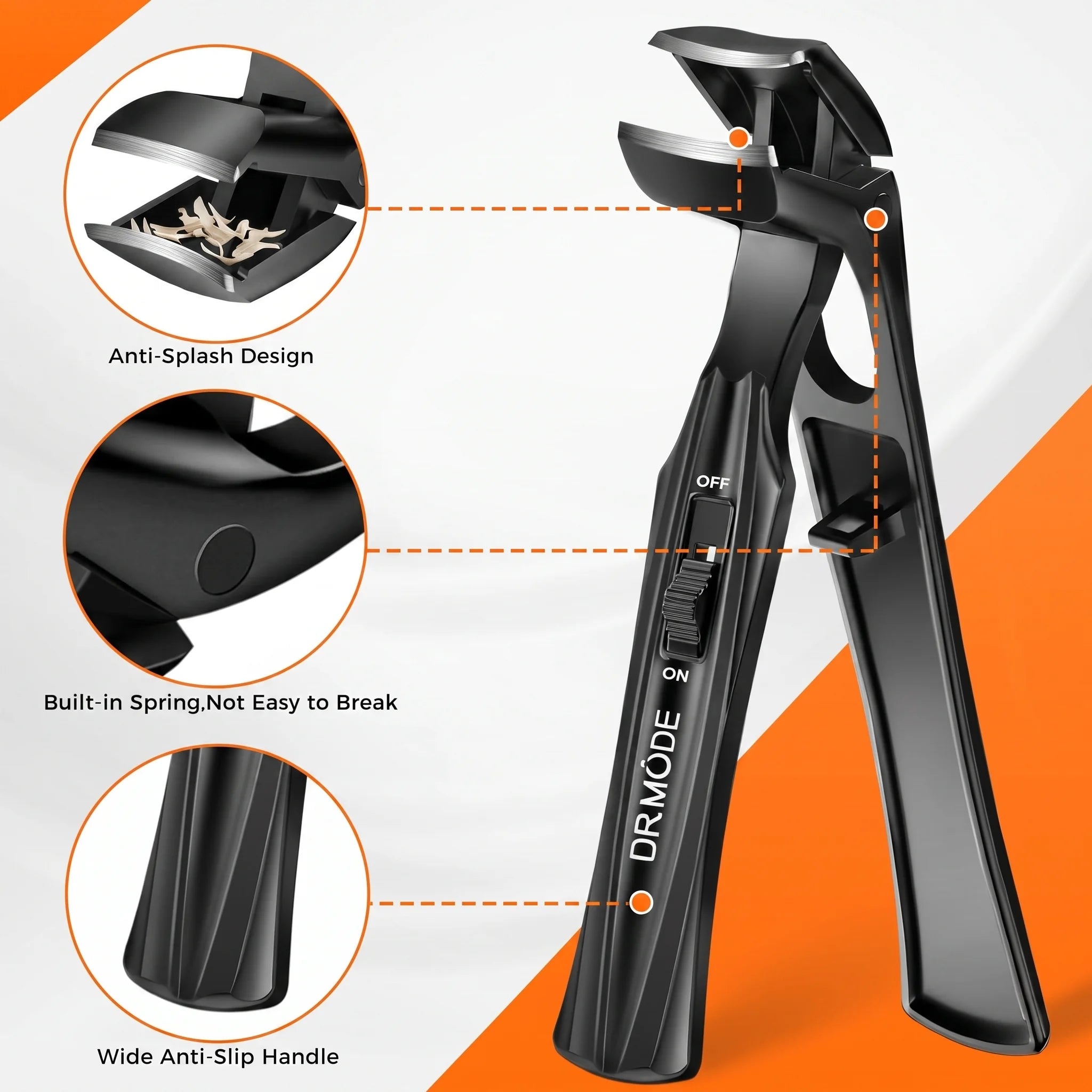 Extended handle toenail clippers featuring anti-splash catcher and non-slip ergonomic grip.