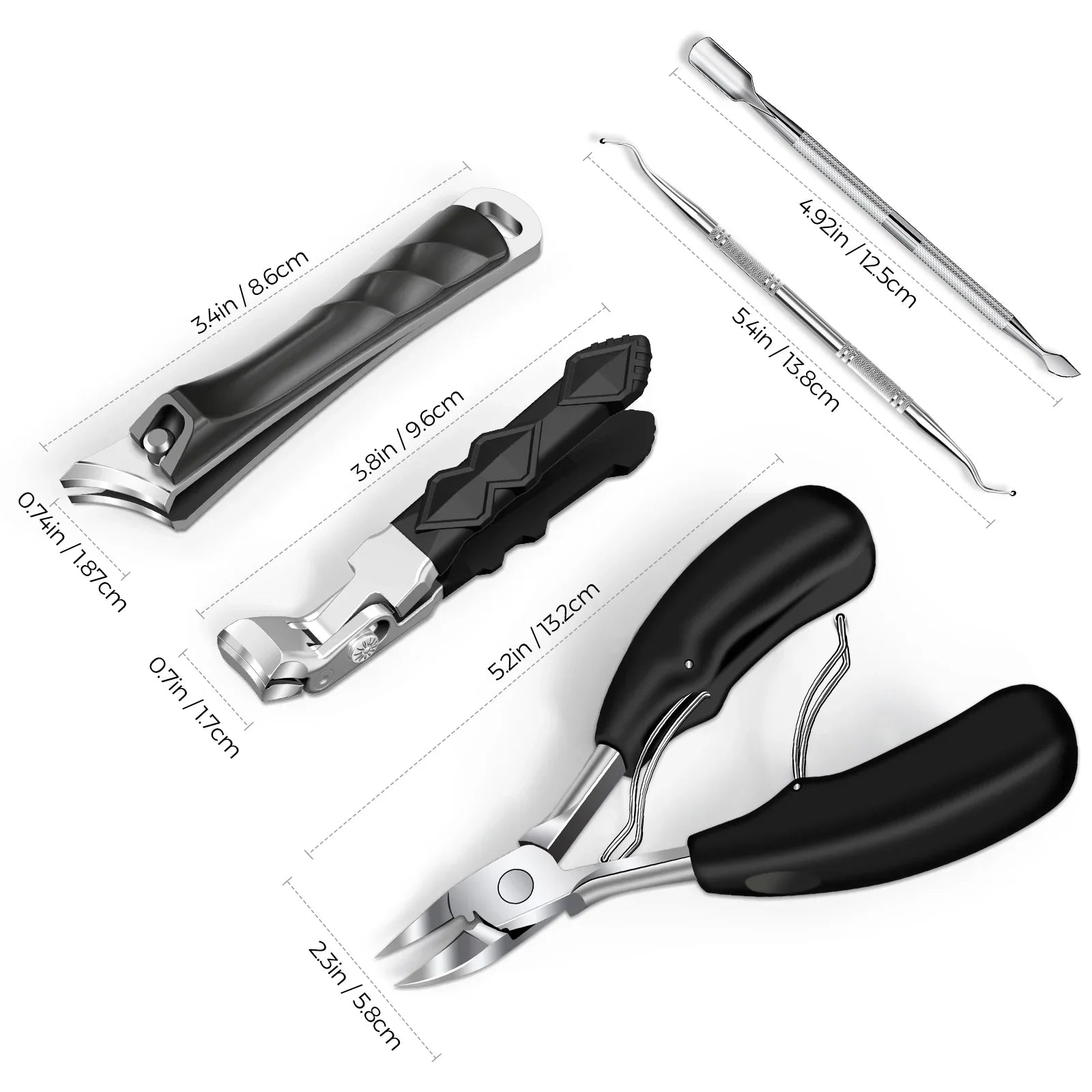 Thick toenail clippers set with ergonomic handles and stainless steel nail care tools on white background.