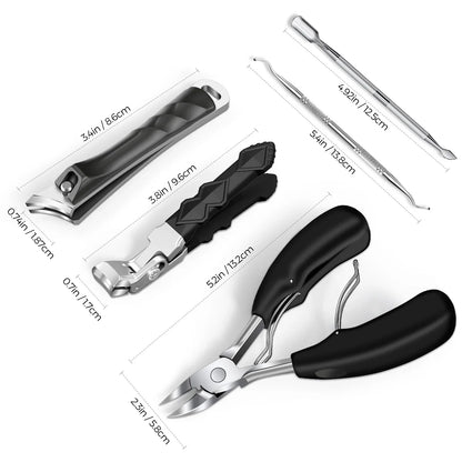 Thick toenail clippers set with ergonomic handles and stainless steel nail care tools on white background.